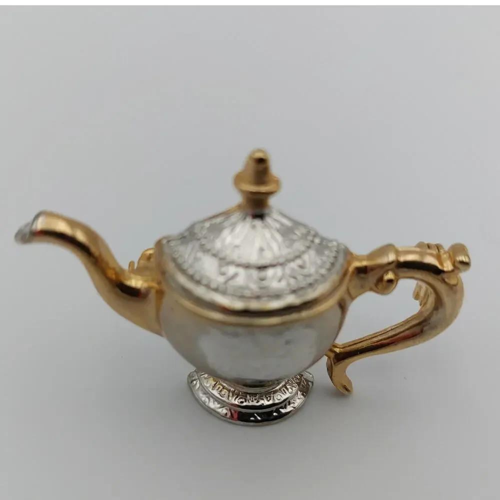 Vintage Teapot Brooch Mixed Metal Gold Silver Tone Etched Tea Pot Pin